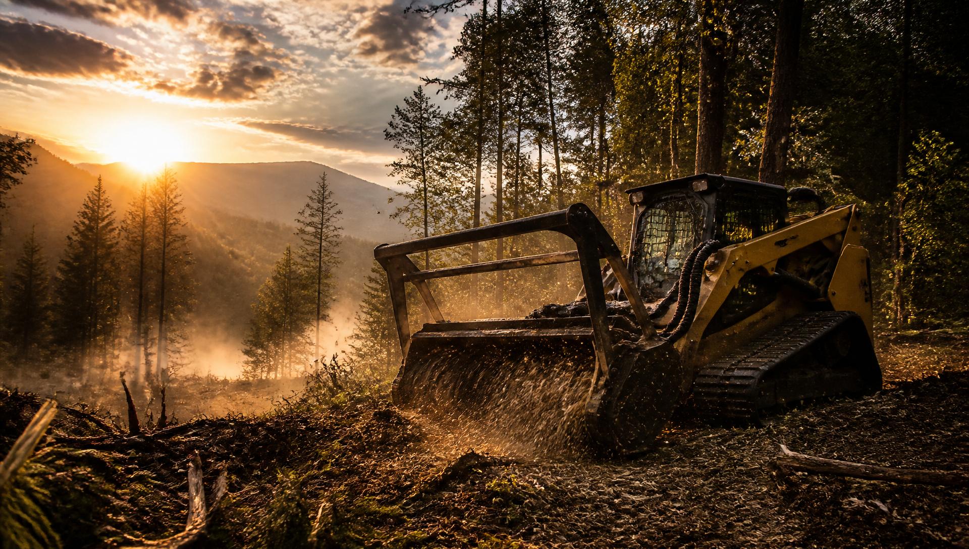 Track loader with forestry mulching head clearing East Tennessee woodland at sunset